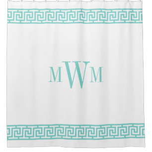 Türkis Aqua Griechischer Key J Border Monogram Duschvorhang