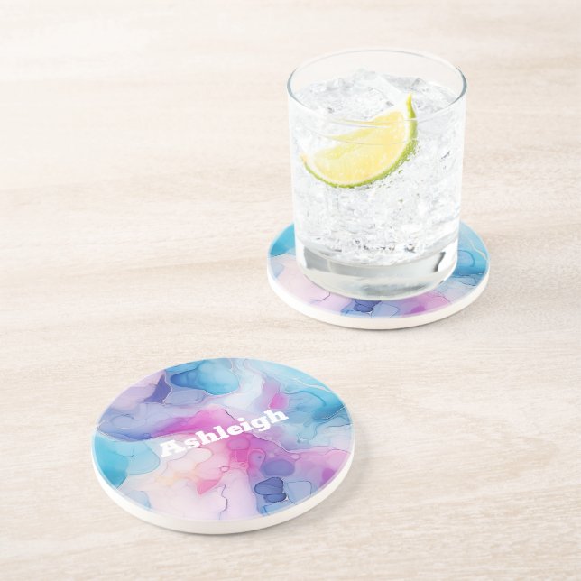 Türkis Aqua Lila Rosa Marmor Geburtstag Getränkeuntersetzer (Seite)
