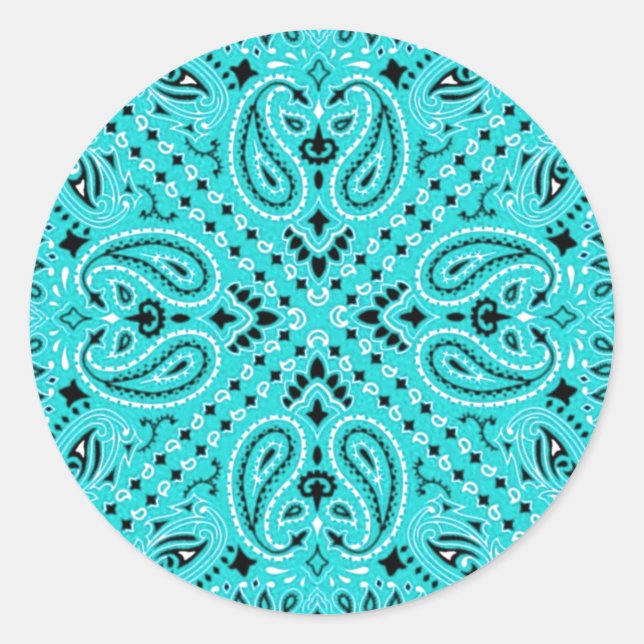 Türkis Aqua Paisley Western Bandana Scarf Runder Aufkleber (Vorderseite)