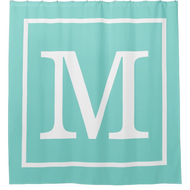 Türkis Aqua White Gerahmt XL Initial Monogram Duschvorhang (Vorderseite)