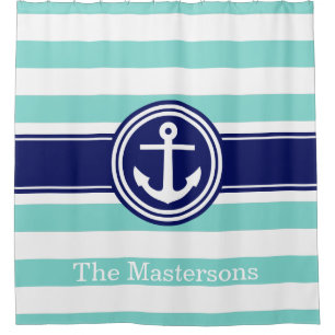 Türkis Aqua Wt Navy Blue Nautical Strip Anchor Duschvorhang