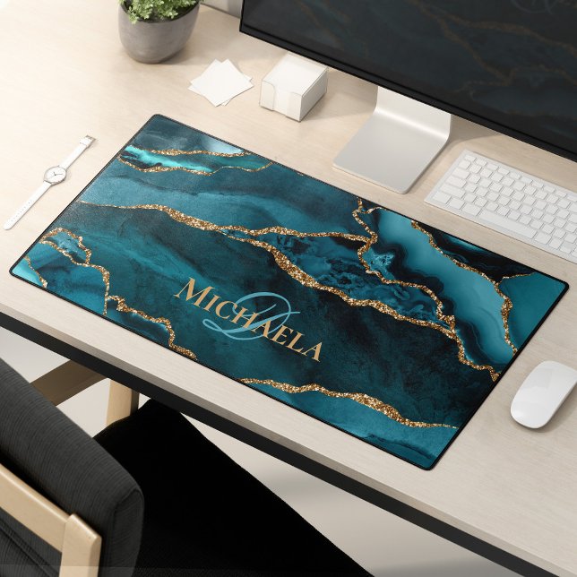 Türkis Aquamarin Agate Geode Gold Glitzer Monogram Schreibtischunterlage (Von Creator hochgeladen)