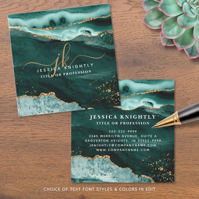 Türkis Aquamarin Agate Gold Glitzer Script Monogra Quadratische Visitenkarte (Von Creator hochgeladen)