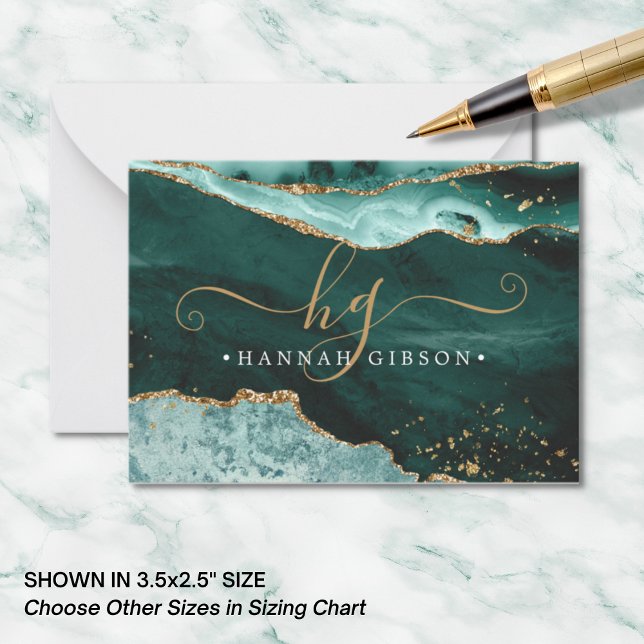 Türkis Aquamarin Agate Monogram Script Gold Glitze Mitteilungskarte (Von Creator hochgeladen)