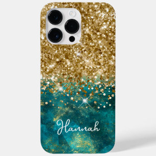 Türkis Aquamarin Glittery Gold Glam Personalisiert Case-Mate iPhone 14 Pro Max Hülle