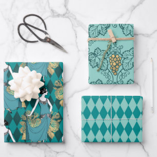 Türkis - Aquamarin und Gold Pariser Art Deco Geschenkpapier Set