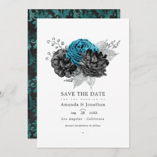 Türkis - Aquamarine Schwarz- und Silberblume Save The Date