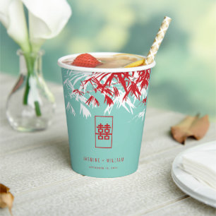 Türkis Bamboo Blätter Double Xi Chinesische Hochze Pappbecher