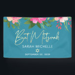 Türkis Bat Mitzvah Pink Floral Gold Skript Bold Banner<br><div class="desc">Herzlich willkommen im Party Bat Mitzvah! Lassen Sie sich von diesem atemberaubenden, modernen, stilvollen, personalisierten Banner in einen besonderen Tag hineinführen. Eine schicke, atemberaubende, pinkfarbene und pfirsichfarbene Aquarellfarbe mit Imitaten Goldfolienskripten, Stern von David und White Sans Serif überlagern einen staubigen, türkisfarbenen aquamarin blauen Hintergrund. Personalisieren Sie den benutzerdefinierten Text mit...</div>