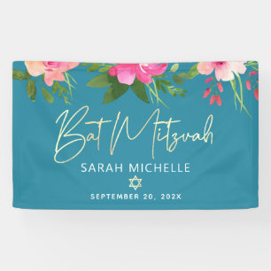 Türkis Bat Mitzvah Pink Floral Gold Skript Bold Banner