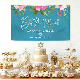 Türkis Bat Mitzvah Pink Floral Gold Skript Bold Banner