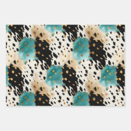 Türkis Black Cream Gold Western Cowgirl Cowhide Geschenkpapier Set