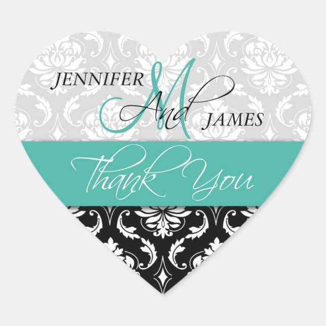 Türkis Black Damask Wedding Favor Heart Sticker (Vorderseite)