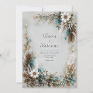 Türkis Blau Braun Feder Weiß Floral Hochzeit Einladung