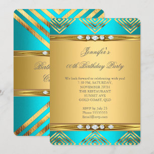 Türkis Blau Deco Streifen Gold Diamant Party Einladung