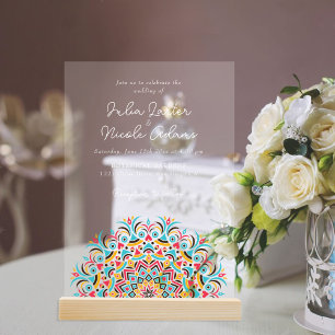 Türkis Blau Pink Abstract Mandala Hochzeit Acryleinladungen