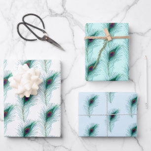 Türkis, Blau und Lila Pfauenfedern Geschenkpapier Set