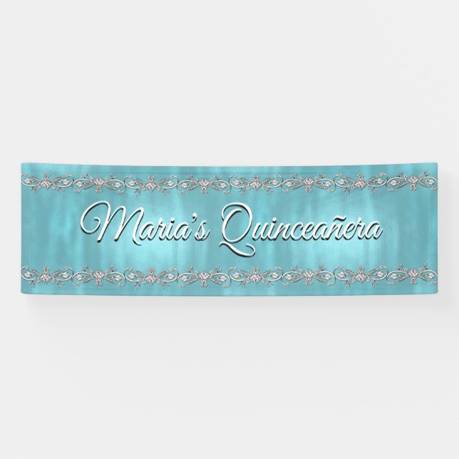 Türkis-Blau und silberne Quinceañera Fahne Banner (Horizontal)