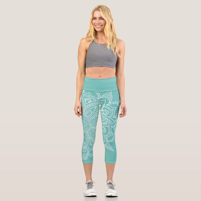 Türkis Blau und Weiß Mandala Yoga Capri Leggings (Vorderseite)