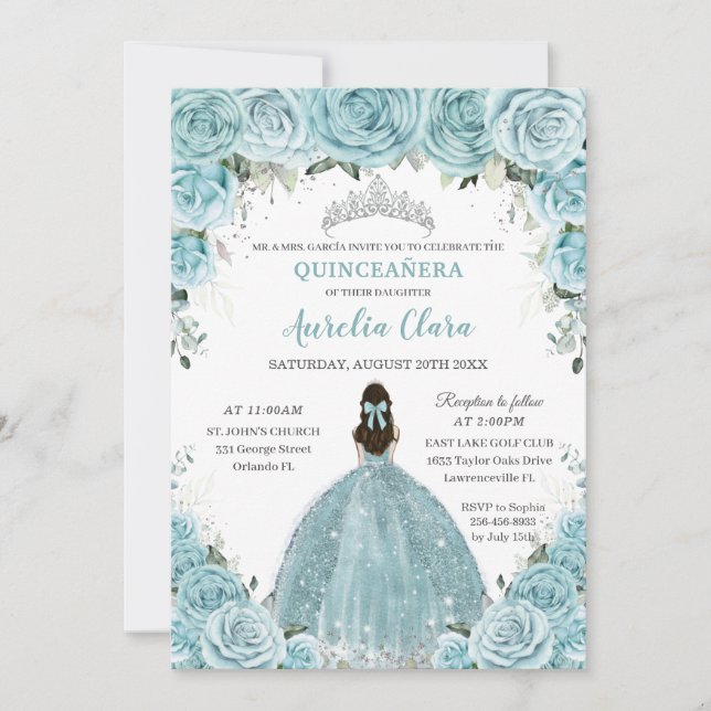 Türkis Blauer Blumenprinzessin Silver Quinceañera Einladung (Vorderseite)