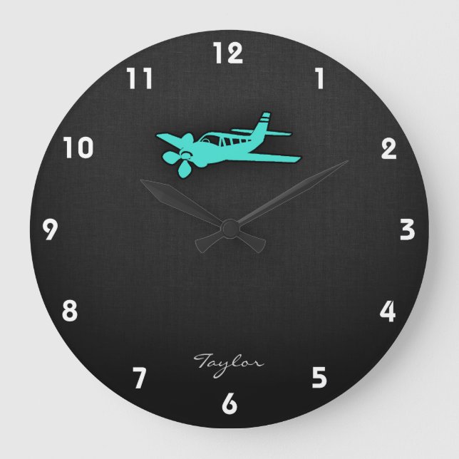 Türkis; Blaues Grün-kleines Flugzeug Große Wanduhr (Vorderseite)