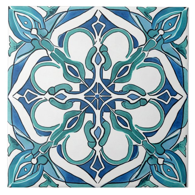 Türkis Blaues Mittelmeer Azulejo Fliese (Vorderseite)