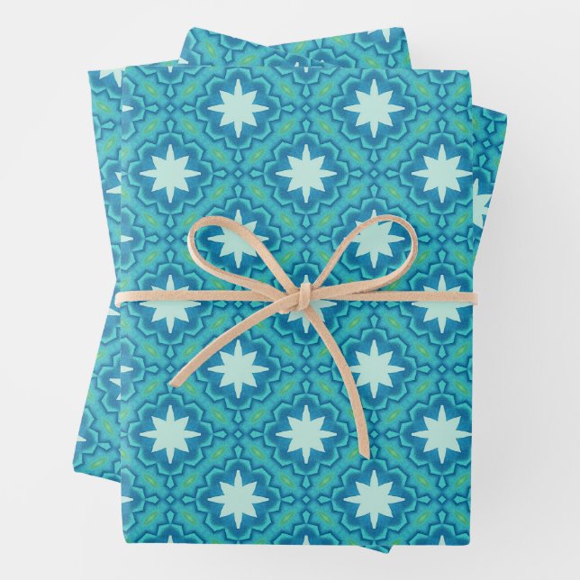 Türkis Blue Boho Star Pattern Geschenkpapier Set (Beispiel)