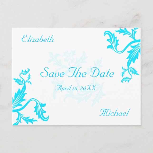 Türkis Blue Damask Leaaf Print Save the Date Ankündigungspostkarte (Vorderseite)