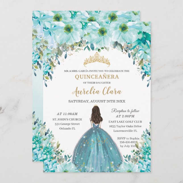 Türkis Blue Floral Princess Crown Quinceañera Einladung (Vorne/Hinten)
