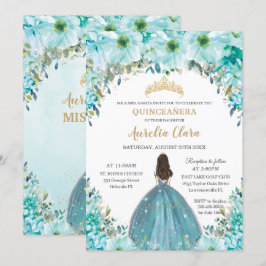 Türkis Blue Floral Princess Crown Quinceañera Einladung
