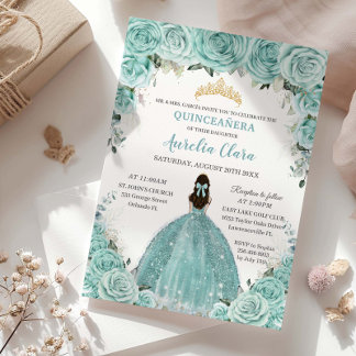 Türkis Blue Floral Princess Gold Quinceañera Einladung