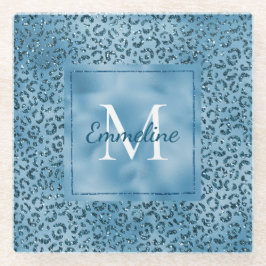 Türkis Blue Glitzer Leopard Print Monogram     Glasuntersetzer