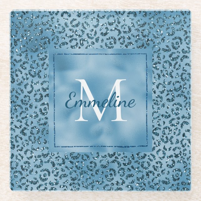 Türkis Blue Glitzer Leopard Print Monogram     Glasuntersetzer (Vorderseite)