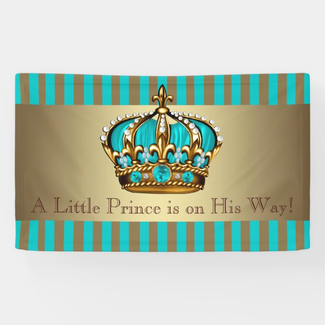 Türkis Blue Gold Crown Prince Baby Dusche Banner (Horizontal)