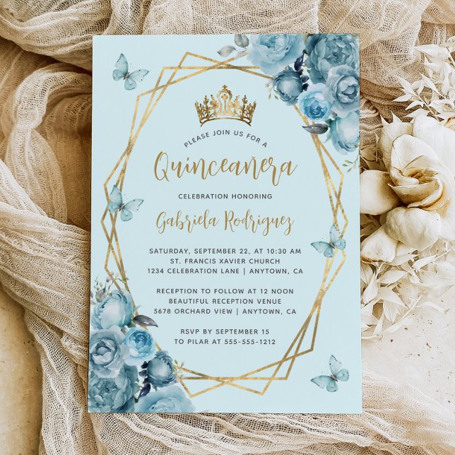 Türkis Blue Gold Geometric Floral Quinceñera Einladung (Von Creator hochgeladen)