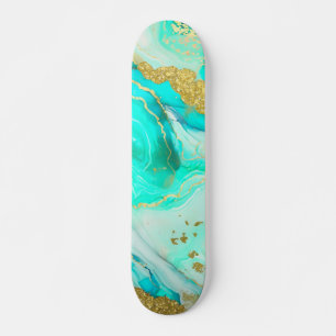 Türkis Blue Gold Marble Geode Alcohol Ink Skateboard