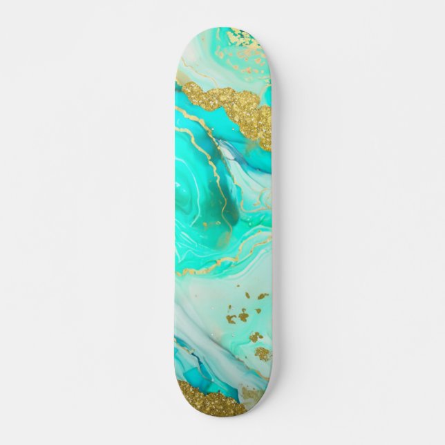Türkis Blue Gold Marble Geode Alcohol Ink Skateboard (Vorne)