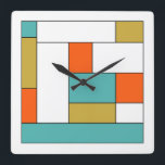 Türkis Blue Gold Orange Color Block Mid Mod Quadratische Wanduhr<br><div class="desc">Diese sagenhafte moderne Uhr aus der Mitte des Jahrhunderts besticht durch rechteckige Farbblöcke in Aquablau,  Gold,  Orange,  Weiß und Schwarz. Fügen Sie Ihrer Wand etwas Spaß hinzu!</div>