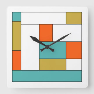 Türkis Blue Gold Orange Color Block Mid Mod Quadratische Wanduhr