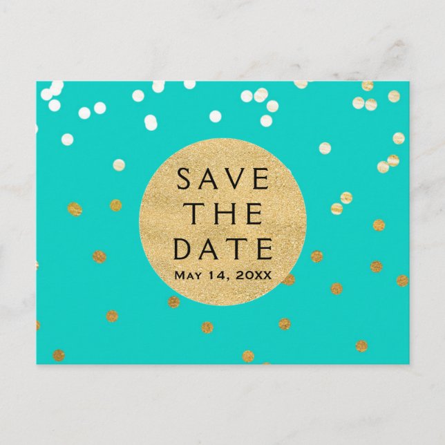 Türkis Blue & Gold Shiny Confetti Save the Date Ankündigungspostkarte (Vorderseite)