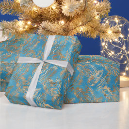 Türkis Blue Gold Tropical Blätter Geschenkpapier