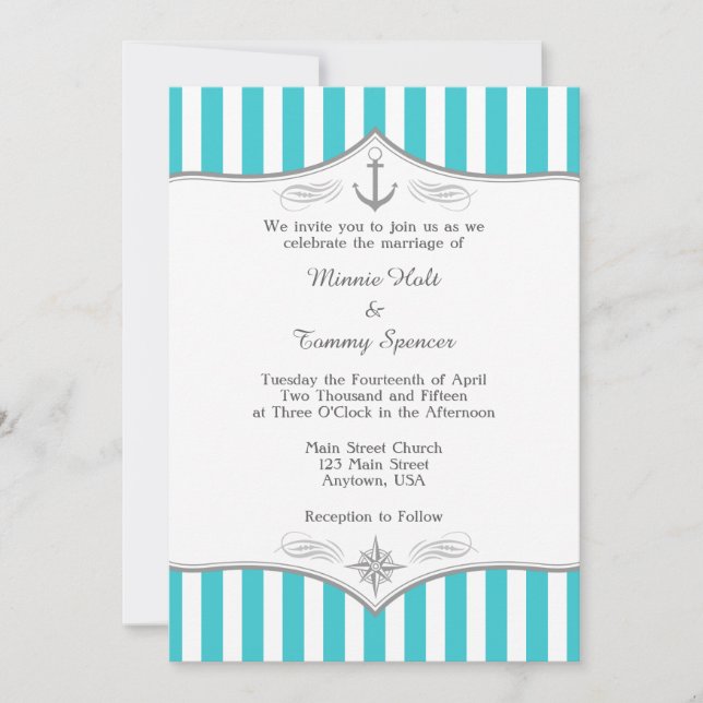 Türkis Blue Gray Nautical Wedding Einladung (Vorderseite)