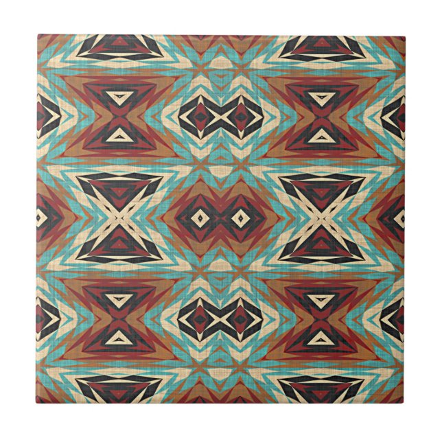 Türkis Blue Green Brown Orange Ethnic Stamm Art Fliese (Vorderseite)