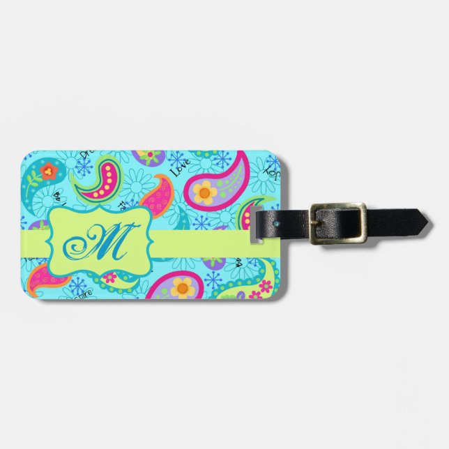Türkis Blue Green Modern Paisley Monogram Gepäckanhänger (Vorderseite horizontal)