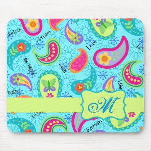 Türkis Blue Green Modern Paisley Monogram Mousepad