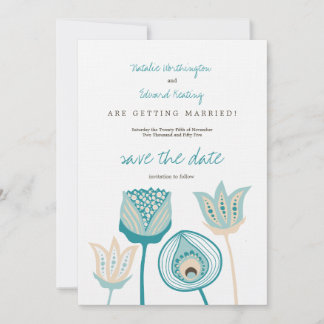 Türkis Blue & Ivory Funky Blume Save the Date