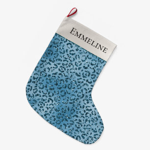 Türkis Blue Leopard Print Glitzer Großer Weihnachtsstrumpf