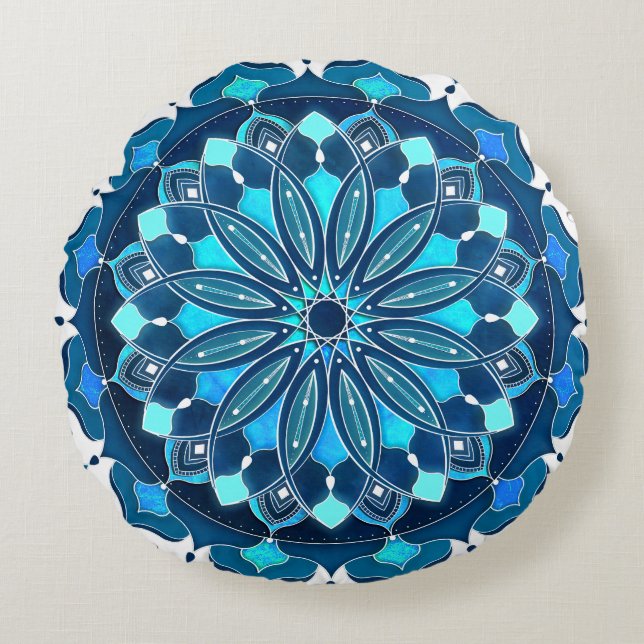 Türkis Blue Mandala Rundes Kissen (Vorderseite)