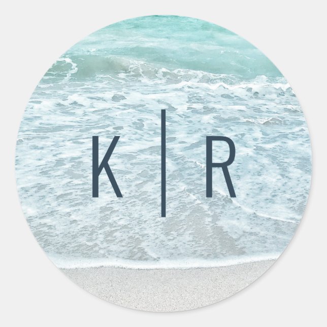 Türkis Blue Ocean Sandy Beach Monogram Wedding Runder Aufkleber (Vorderseite)