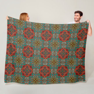 Türkis Blue Orange Red Green Bohemisch Bali Art Fleecedecke
